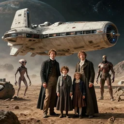 highly detailed, 1024777216k film still from a sci fi blockbuster color movie made in 2019, set in 1860, of a family standing in front of a spaceship that has just landed on an alien planet, a humanoid alien creature stands nearby, the family are all wearing 1860s era clothes, good lighting, good photography, ultra high definition