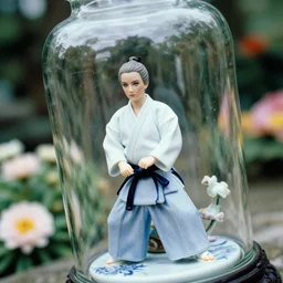 cinestill 5 0 d, 8 k ; beautiful aikido ( 1 9 9 1 ) film still of zen glass garden flower scene in frontiers in porcelain photography fashion june medium full shot closeup portrait edition ; hyperrealistic real - life azure eyes britt marling porcelain gauze aikido figurine in victorian glass jar, tilt shift background