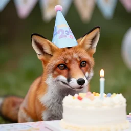 a photograph of a fox wearing a birthday hat looking at a cake, at a birthday party