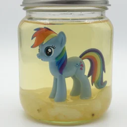 a my little pony figurine inside a jar ; the jar is filled with a mysterious sticky yellowish fluid