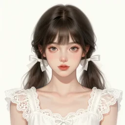 a beautiful digital illustration sketch portrait of a pretty greek girl, beautiful anime eyes, with bangs and twintails, dark hair with bow ties, wearing a white lace dress. ilya kuvshinov