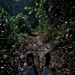 First person perspective, POV, Haunted kodachrome, night time scene, dark, rain, wet mud, deep in the wet entrails!!!!!! of the hill. Lost in the dark Pushing through dense undergrowth, No path, just this squalid passage of mud and rain.