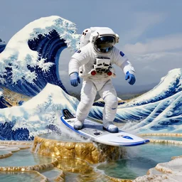 an amazing digital painting of an astronaut in a white and royal blue luxurious space suit surfing the great wave of Kanagawa on a futuristic surfboard at Pamukkale, thermal waters flowing down multiversal gold travertine terraces by greg rutkowski, photorealistic, trending on artstation, highly detailed, unreal engine, octane render