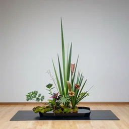 a photo of 8k Ikebana, ikenobo, ohararyu, sougetsu, wide angle, full body, sony a7r3, ultra detail, photorealistic, in simple background