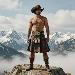 a homoerotic portrait by greg rutkowski and albert bierstadt and bill ward of a muscular shirtless brown desi man on a mountain peak | he is wearing a reavealing tartan kilt, cowboy hat, and leather boots | background is snowy mountains and clouds | detailed face, ethereal, dreamlike | trending on artstation
