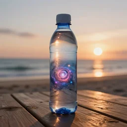 a universe inside a water bottle on a wooden table, hyperrealistic, concept art, octane render, unreal engine 5, trending on artstation, high quality, highly detailed, 8 k hdr, soft lighting, path traced, a beach at sunset in the background, bloom, high coherence, symmetrical, high contrast, digital art, serene landscape, cinematic