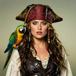 margot robbie as a beautiful pirate with a parrot on the shoulder, realistic portrait, 8k resolution, hyper detailed, studio lighting, cinematic
