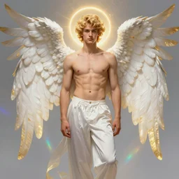 fullbody portrait of a beautiful young fit male angel with curly blond hairs, fluent clothes around the legs, majestic symmetrical big eagle wings, luminous halo, by greg rutkowski and alphonse mucha, gradient white to gold, in front of an iridescent background, highly detailed portrait, digital painting, artstation, concept art, smooth, sharp focus illustration