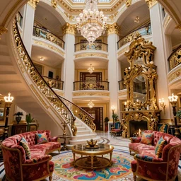 large luxurious billionaire's atrium. Maximalist colorful decoration and fancy furniture. Classic architecture with golden accents. Curved staircase with elaborate railing. Large ornate fireplace. Illumination provided by fire torches, chandeliers, and candles. Award-winning photography