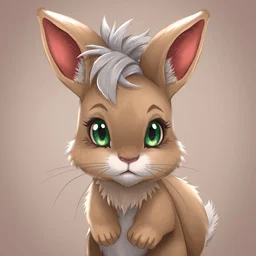 little anthropomorphic bunny, green eyes, light brown fur, grey hair, wlop