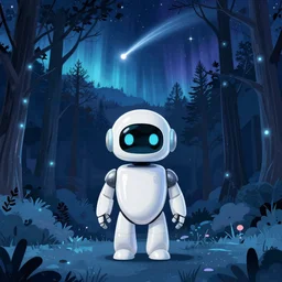 A retro glossy white robot stands in the middle of a forest in the centre of the frame. softly glowing blue trees at night. The sky above has many stars and a beautiful blue aurora. Comet in the middle of the sky. Cyril Roland naomi okubo. Trending on artstation. Digital painting.