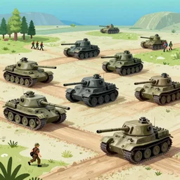 digital art of world war second, land troops and armoured tanks on march, in style of sponge bob multiplication, bright colors, happy mood, view from plane