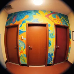 theatre access corridor background, 3 doors, fish eye, color, vibrant, flat style, Peter Chan\'s original background art.