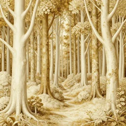 a beautiful forest made of ivory and gold, highly intricate, digital art, very detailed, in the style of pontormo