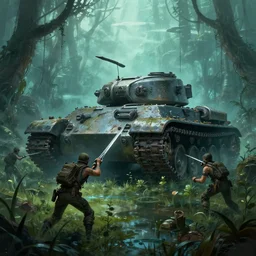 guerrillas reed - people fighting giant tank in futuristic spiritual mystical post apocalyptic swampy forest drawn by ron gilbert, dim painterly volumetric aquatic lighting, scenic, beautiful, crisp, artstation, highly detailed