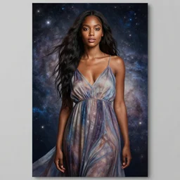 full - length portrait of a young black woman with long flowing hair, with cute - fine - face, pretty face, realistic shaded perfect face, wearing a flowing sundress, standing in front of a starry galaxy, fantasy, cinematic, fine details by realistic shaded lighting poster by ilya kuvshinov katsuhiro otomo, magali villeneuve, artgerm, jeremy lipkin and michael garmash and rob rey