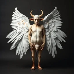 a human with four faces and four wings, cows legs, and hands under their four wings, ultrarealistic
