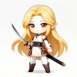 chibi, female, full body, elf girl with white skin and golden hair holding a katana, stunning art style, trending art, sharp focus, centered, fate zero, extremely high detailed, bokeh color background, studio ghibly makoto shinkai yuji yamaguchi, by wlop