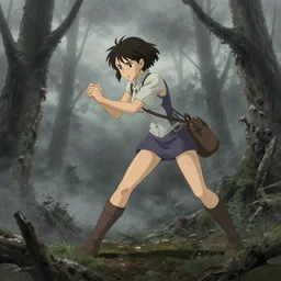 clementine from the walking dead killing a zombie, dead forest, foggy, raining dynamic pose, grey cloudy weather, in illustration concept art lotr anime key visual fine detail features gapmoe kuudere trending pixiv by victo ngai fanbox by greg rutkowski makoto shinkai takashi takeuchi studio ghibli