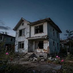 a beautiful photorealistic illustration of single family detached house urbex unfinished building building city abandoned architecture by denise scott brown, apocalyptic fisheye at dusk darkacademia nightsky flowers uv light, archdaily, wallpaper, highly detailed, trending on artstation.