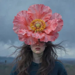 closeup, girl with giant flower head, monsteras overhead, surreal photography, wind and cold, dramatic sky, impressionist painting, digital painting, artstation, simon stalenhag
