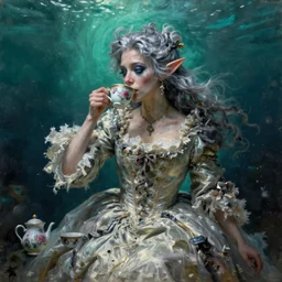 A 18th century, messy, silver haired, (((mad))) elf princess, dressed in a ((ragged)), wedding dress, is ((drinking a cup of tea)),  in her right side is a porcelain tea set. Everything is underwater and floating.  ((Greenish blue tones)), theatrical, (((underwater lights))), high contrasts,  fantasy. oil canvas by Henry Wallis, inspired  by Henry Wallis's The Death of Chatterton