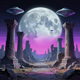 ancient ruins in the moon, ufos in the sky, retrowave epic art, trending on art station