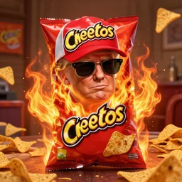 character art by ruan jia, donald trump wearing wayfarer glasses and red baseball hat inside a pack of cheetos, on fire, fire powers, room filled with nachos