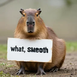 realistic high quality photo of a capybara holding a sign with text that reads : what