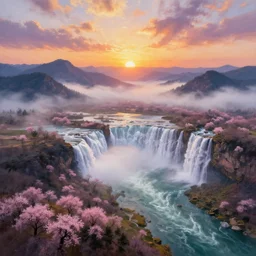 The most beautiful panoramic landscape, oil painting, where a giant dreamy waterfall creates a river, it is winding its way through the valley and the trees are starting to bloom in pink colors, the mountains are towering over the valley below their peaks shrouded in mist, the sun is just peeking over the horizon producing an awesome flare and the sky is ablaze with warm colors and stratus clouds, by Greg Rutkowski, aerial view