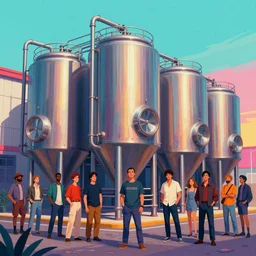 beautiful vaporwave ombre detailed realistic illustration of a brewery, cinematic, chris moore, beeple, rob gonsalves, paul lehr, john stephens, archan nair, anton fadeev, josan gonzalez, hi - fructose, artgerm, wlop, 8 k