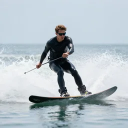 guy with sunglasses waterskiing, highly detailed, midday,