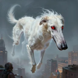 very oily aggressive painting of a demon borzoi with white fur and glowing red eyes floating above a city looking down on humanity, a long snout, 3 d render, movie quality, ghostly form, cities below him, transparent, d & d, highly, in the style of frank miller, detailed art, digital art, art stations, concept art, sharp focus, illustration, cinematic