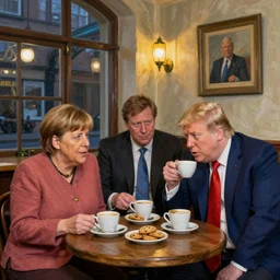 angela merkel with boris johnson and donald trump drinking coffee with cookies in an oak night cafe painted by bob ross