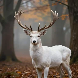 a beautiful illustration of a white deer with antler, in a forest, autumn, volumetric light, depth of field, fantasy, morning light, mist, dreamy atmosphere, cinematic shot, high definition, detailed, tim burton