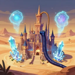 rubberhose animation, wizard city, magic, forcefields, levitation, crystals, desert surrounding,