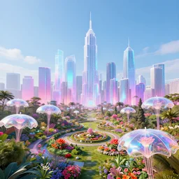 sky perspective year 3 0 0 1 illuminated cyberpunk vibrant park filled with holograms metropolis minimalism inspired clear day flower crystal holographic parasols [ translucent skyscrapers ] saturated lighting fantasy scifi by ross tran utopia elegant dslr artstation