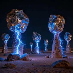 a desert with billions of metallic rocks with electrical blue discharges, many electrical blue arches transmitting between the different rocks, electrical blue sparkles in the ground, moonless night, very black sky, cinematic, high quality, 1 6 k, breathtaking quality, detailed, hyperealistic, dreamy, fantasy digital art