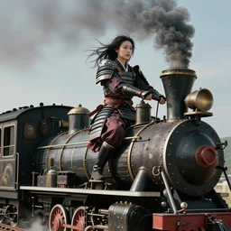 vertical movie frame with asian female riding on top of the steam punk train, armor inspired by ancient japan and fashion, clean face, epic, perfect body, award winning, establishing shot, extremely high detail, photorealistic, brutal, provocative, octane render, editorial, extreme sports photography