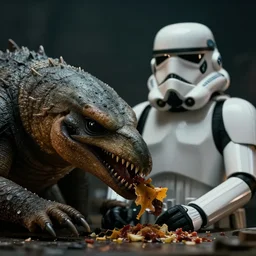 rancor eating a stormtrooper, moody lighting, shallow depth of field,