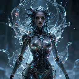 ultra realistic, beautiful female cyborg, dark divinity, sci-fi, neon lights, transparent fluid glass, intricate details, eerie, ominous, haunting, highly detailed, octane render, 4k, 8k, art by artgerm and alphonse mucha and moebius