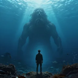a man facing a behemoth rising from the depths of the ocean. by ola larsson