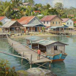 a detailed and accurate masterpiece painting from within a town wooden port in the caribbeans, sharp detail, by tyler edlin, noah bradley, john j. park, jordan grimmer trending on artstation