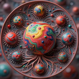 close up circular border with abstract symmetrical designs colorful sphere, less red, concept art, nature, fractals, depth of field, roots, fluid simulation in houdini, subsurface scattering, volumetric, very detailed, trending on artstation, rendered in octane, cgsociety
