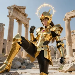 golden knights od zodiac girl and black knights od zodiac girl kickboxing at ruined Agora of Athens sunrise, ssci-fi, neon light and fantasy, intricate and very very beautiful and elegant, highly detailed, digital painting, artstation, concept art, smooth and sharp focus, illustration, art by tian zi and WLOP and alphonse mucha