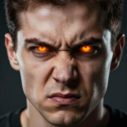 a face of a very angry man with orange glowing eyes