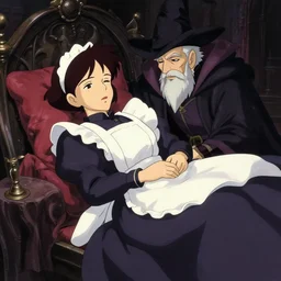 gothic vampire maidservant watches elder wizard sleep, Studio Ghibli animation cel, high-definition