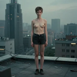 pixiecut sadie sink on a rooftop of a cyberpunk soviet city : a still from a scifi dystopian cyberpunk film. by steven spielberg, robert zemeckis, james cameron. 3 5 mm film. centered, full - body single shot. perfect anatomy, faithfully depicted facial expression, cinematic lighting, cinematic composition, detailed and intricate environment,