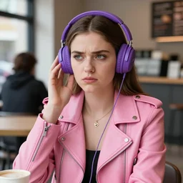 young adult woman in a coffee shop wearing bright purple headphones and a pink leather jacket looking unamused, natural light, award winning magazine photo, 5 0 mm lens