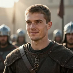 cinematic artwork of a medieval commander in his twenties, clean shaven with short brown hair and hazel eyes, staring into the distance with a slight smile on his face, standing in front of his warriors ready for battle by greg rutowski, 4 k, masterpiece, sun rays